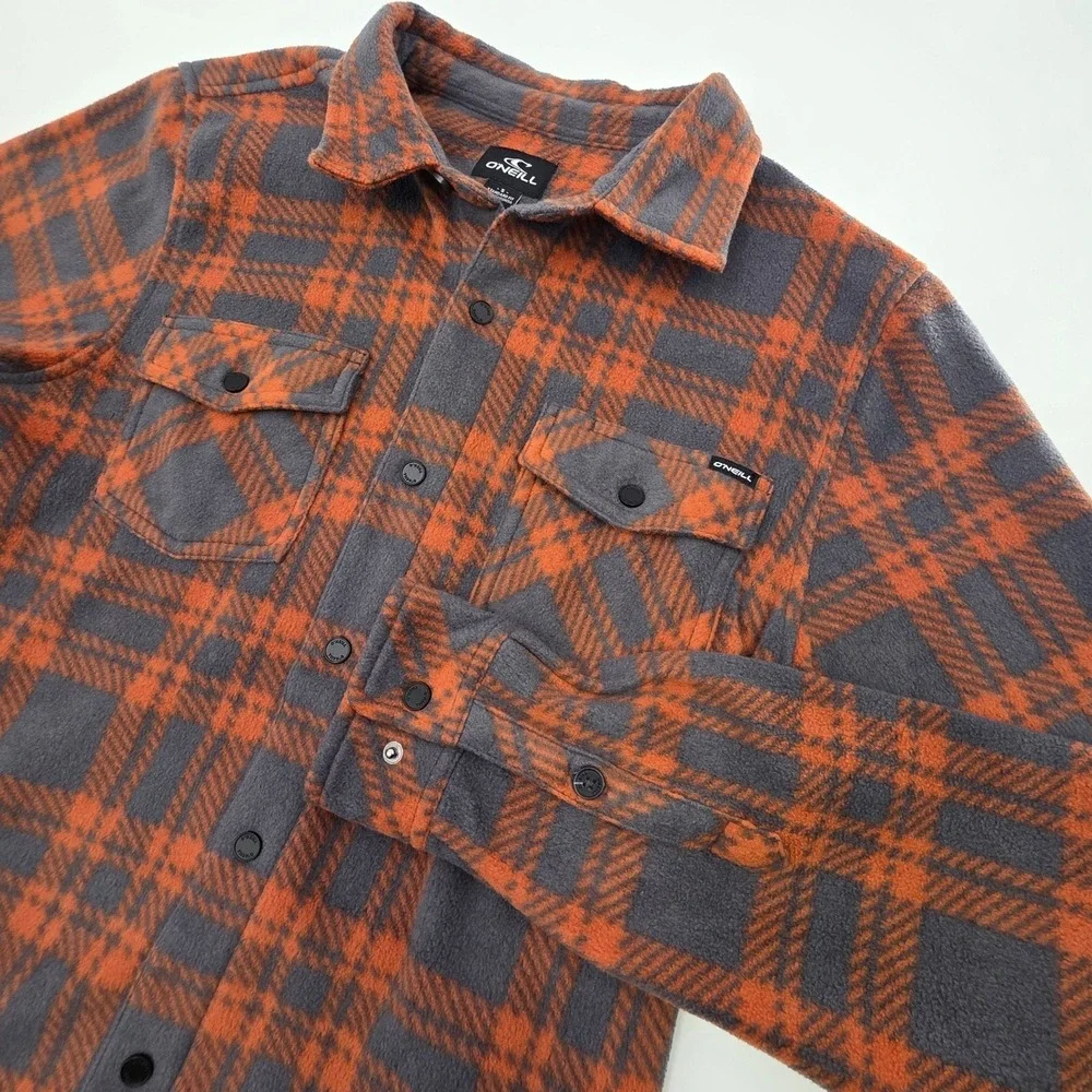 O'NEILL SHACKET PLAID MENS SMALL ORANGE GRAY FLEECE SNAP BUTTONS ARCTIC CHECK